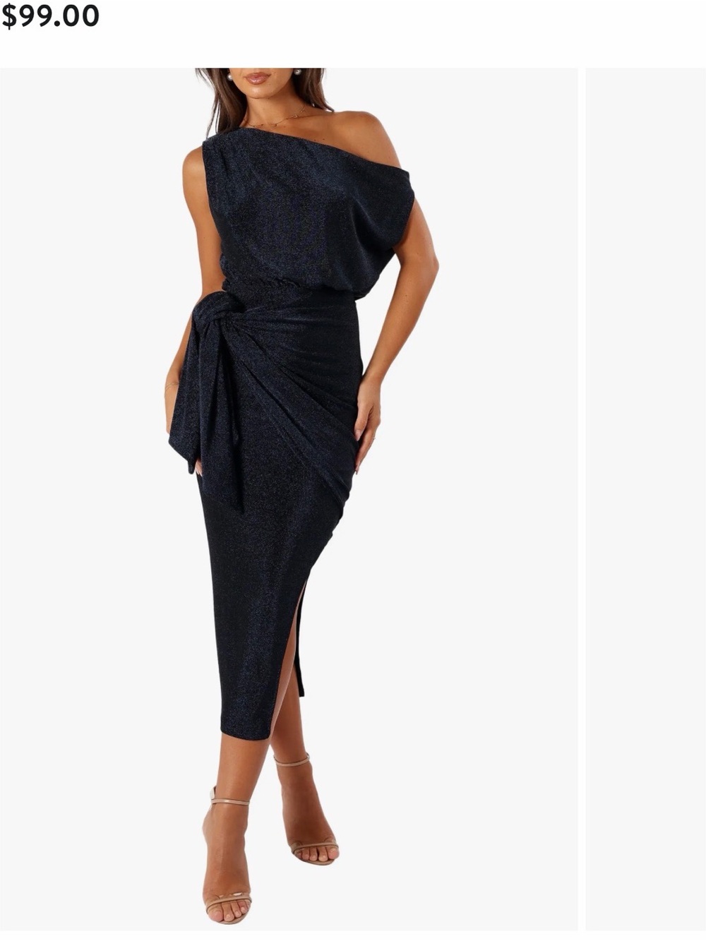 Petal & Pup One-Shoulder Navy Sparkle Midi with Side Tie